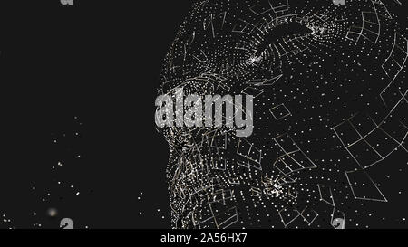 Visage humain composé de lignes et points lumineux. 3D illustration sur fond noir Banque D'Images