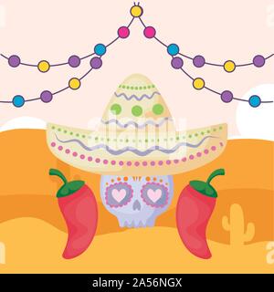 Crâne mexicain avec chapeau et le désert à l'arrière-plan vector illustration design Illustration de Vecteur