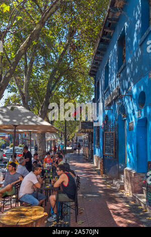 Santiago, Bellavista. Cafés et bars sur la rue Pio Nono, Barrio Bellavista, Santiago, Chili, Amérique du Sud Banque D'Images