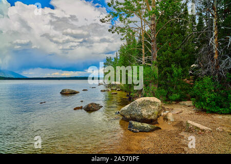 Rochers sur la rive du lac Jenny, Wyoming. Banque D'Images