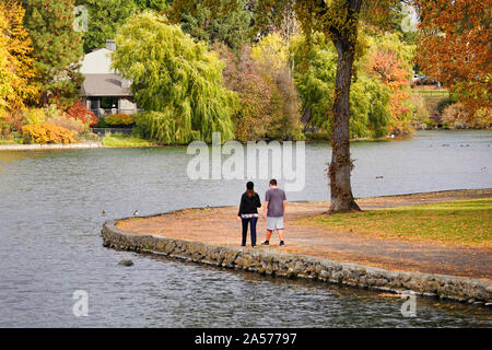Le saule, le peuplier faux-tremble et peuplier transformer l'or et rouge le long de la rivière Deschutes dans le centre-ville de Bend, Oregon, à l'automne lors de la mi-octobre. Banque D'Images