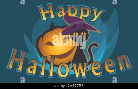 Happy Halloween simple    cat citrouille chapeau magique  flammes bleu fond sombre par jziprian   Illustration de Vecteur