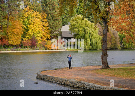 Le saule, le peuplier faux-tremble et peuplier transformer l'or et rouge le long de la rivière Deschutes dans le centre-ville de Bend, Oregon, à l'automne lors de la mi-octobre. Banque D'Images