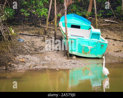 Sua, Équateur, le 03 octobre 2019 - Bateaux de pêche dans la rivière de la ville de plage de Sua en Equateur. Banque D'Images