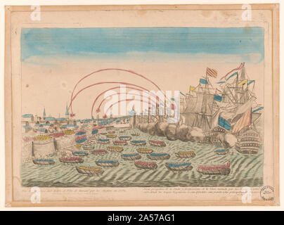 Vue de la prise des forts et ville de Havane par les anglois en 1762 Abstract : Print affiche un rendu de perspective le bombardement de La Havane par des navires britanniques et le débarquement de troupes anglaises où la forteresse mur a été enfreint à capturer la ville. Banque D'Images