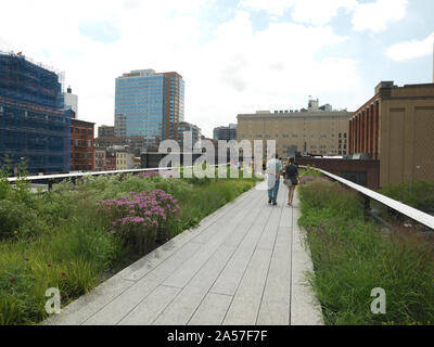 Couple en train de marcher dans un parc, le parc High Line, 20e Rue, Manhattan, New York City, New York State, USA Banque D'Images