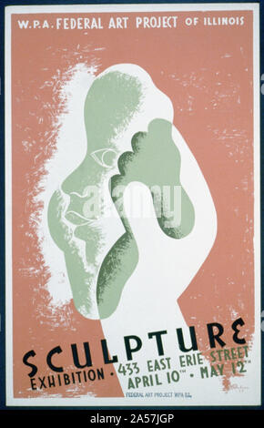 W.P.A. Projet d'art fédéral de l'Illinois--exposition de sculptures - 433 East Erie Street--10 avril - 12 mai Résumé : Affiche pour une exposition de sculpture parrainé par la W.P.A. Federal Art Project, montrant une main tenant l'argile qui a été façonné en forme de visage. Banque D'Images