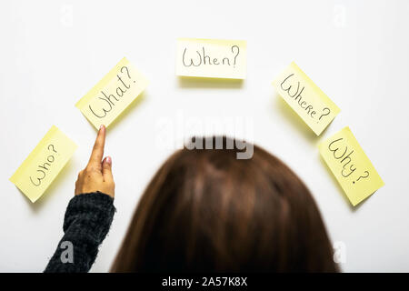 Le 5 ws qui, quoi, quand, où, pourquoi, comment question sur six notes adhésives isolé sur fond blanc, avec femme au travail Banque D'Images