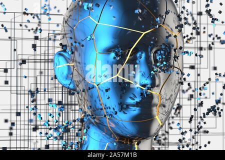 Blue metal tête humaine avec des particules, rendu 3d. Dessin numérique de l'ordinateur. Banque D'Images