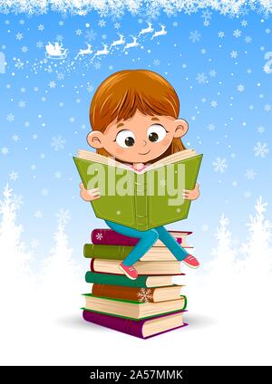 Petite fille est en train de lire un livre pour noël. Petite fille assise sur une pile de livres. Fond d'hiver avec des flocons de neige. Illustration de Vecteur