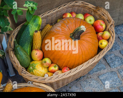 Citrouille d'automne coloré panier arrière-plan sur la rue Banque D'Images