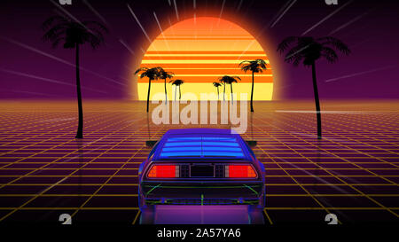 Monde futuriste rétro lumineux de l'ordinateur de l'espace dans le style de la science-fiction des années 80. Voiture futuriste dans l'espace virtuel. L'arrière-plan est parfait Banque D'Images