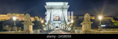 Pont des chaînes avec des lions et du château de nuit, panorama, Budapest, Hongrie Banque D'Images