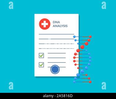 Liste de contrôle du document de résultat de l'analyse de l'ADN vierge avec structure moléculaire en spirale d'acide désoxyribonucléique. Page de rapport scientifique du patient du laboratoire médical. Illustration de couleur bleue du vecteur d'information génétique Illustration de Vecteur