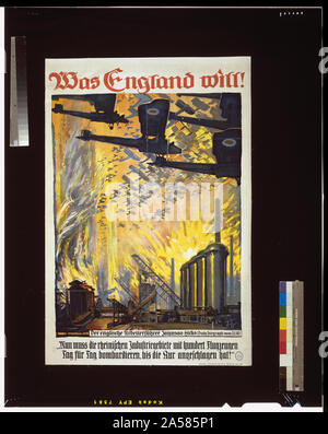 A l'Angleterre va ! Résumé : L'affiche montre des essaims de bombardements les avions britanniques une usine. Texte : ce que l'Angleterre veut ! Le texte supplémentaire est une citation du chef du parti travailliste britannique qui Johnson-Hicks est paru dans le Daily Telegraph, 3 janvier 1918 : l'un doit bombarder la zone industriel du Rhin de jour en jour avec des centaines d'avions, jusqu'à la cure [destruction de la production industrielle allemande] s'est produite. Banque D'Images