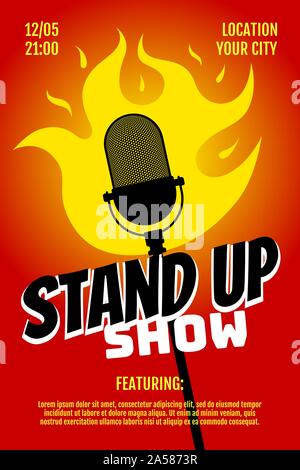 Stand up comedy night live show A3 A4 modèle de conception de l'affiche. Feu rouge Retro microphone sur fond dégradé. Petites blagues concept rôti flyer. Vector Illustration de Vecteur