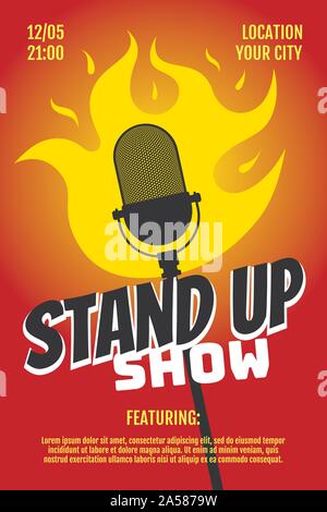 Modèle d'affiche A3 A4 pour les spectacles de soirée humoristique. Microphone rétro-incendié sur fond de dégradé rouge. Dépliant sur le concept de torréfaction des blagues chaudes. Scénario amusant gravure de scène de micro ouvert humour illustration Illustration de Vecteur