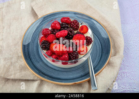 Délicieux dessert italien panna cotta avec sauce aux baies. Décorées de pouding à la vanille et de l'arbousier fruité des forêts. Banque D'Images