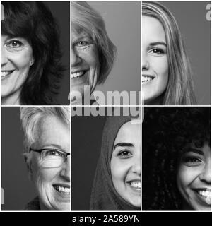 Groupe de six belles femmes ensemble alimentation multiraciale Banque D'Images