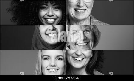 Groupe de six belles femmes ensemble alimentation multiraciale Banque D'Images