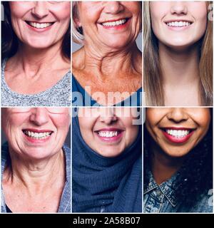 Groupe de six belles femmes ensemble alimentation multiraciale Banque D'Images