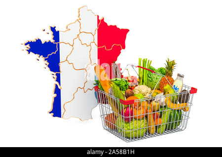 Pouvoir d'achat et panier du marché en France concept. Panier avec la carte française, rendu 3D isolé sur fond blanc Banque D'Images