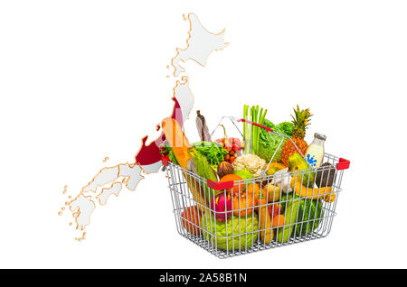 Pouvoir d'achat et panier du marché au Japon concept. Panier avec la carte japonaise, rendu 3D isolé sur fond blanc Banque D'Images