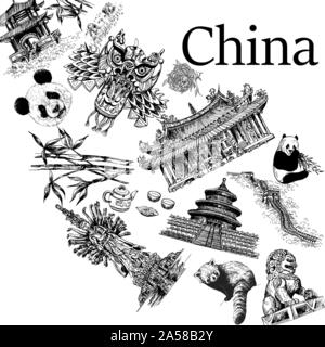 Carte de l'affiche de la composition de la Chine objets connexes isolé sur fond blanc. Vector illustration. Illustration de Vecteur