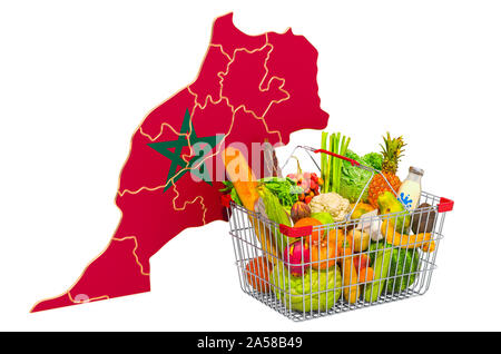 Pouvoir d'achat et panier du marché au Maroc concept. Panier avec la carte marocaine, rendu 3D isolé sur fond blanc Banque D'Images