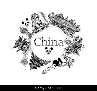 Carte de l'affiche de la composition de la Chine objets connexes isolé sur fond blanc. Vector illustration. Illustration de Vecteur