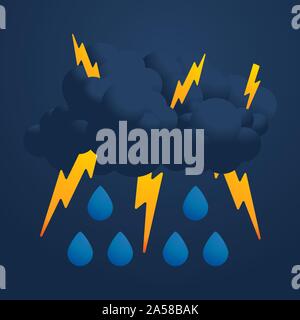 Vector illustration of cool seul icône météo avec cloud, lourde chute de pluie et les éclairs sur fond sombre. Illustration de Vecteur