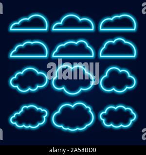 Vector Icons Set Cloud néon lumineux, lignes bleu vif sur fond sombre. Illustration de Vecteur