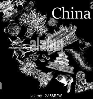 Carte de l'affiche de la composition de la Chine objets connexes isolé sur fond noir. Vector illustration. Illustration de Vecteur