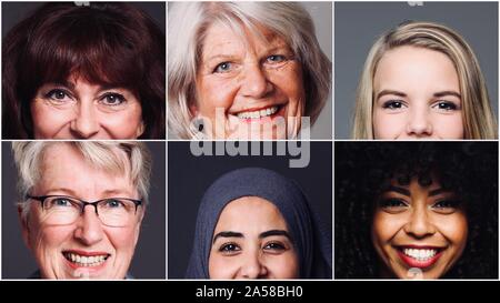 Groupe de six belles femmes ensemble alimentation multiraciale Banque D'Images