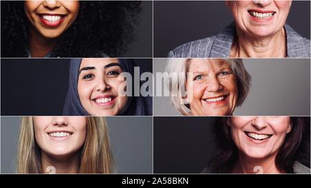 Groupe de six belles femmes ensemble alimentation multiraciale Banque D'Images