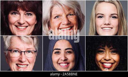 Groupe de six belles femmes ensemble alimentation multiraciale Banque D'Images