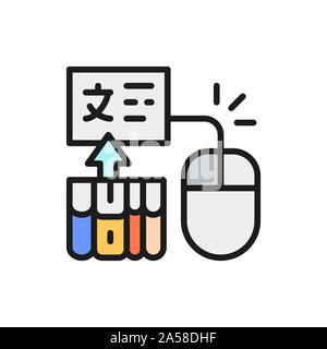 Souris d'ordinateur avec pages pour la traduction, l'e-book sur l'icône de la ligne de couleur à plat. Illustration de Vecteur