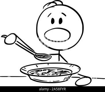 Vector cartoon stick figure dessin illustration conceptuelle de l'homme ou un garçon de manger la soupe avec une cuillère. Illustration de Vecteur