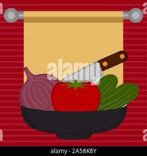 Les concombres, tomates et oignons rouges avec un couteau dans un bol. La préparation des aliments - Vector illustration Illustration de Vecteur