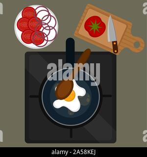 Œuf frit sur un pan et les légumes coupés. La préparation des aliments - Vector illustration Illustration de Vecteur