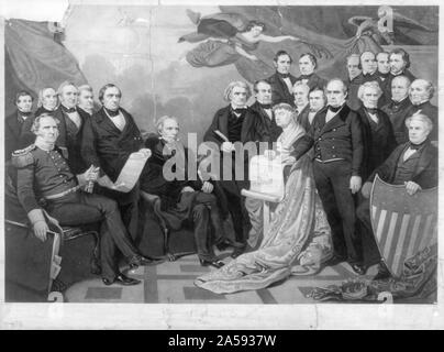 Union européenne Abstract : Un portrait de groupe symbolique des efforts législatifs récents éloge, notamment le compromis de 1850, de préserver l'Union. Le travail est à certains égards un mémorial pour le triumvirat des hauts législateurs américains : Henry Clay, John Calhoun, et Daniel Webster, qui apparaissent au centre du groupe. Tous les trois étaient décédés à la fin de 1852. (Calhoun est décédé le 31 mars 1850, de l'argile le 29 juin 1852, et Webster le 24 octobre, 1852). L'éditeur d'impression peut avoir cherché à tirer parti de l'optimisme climat qui suit l'adoption du compromis de 1850. Comme une commémoration de Banque D'Images