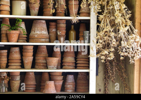 Des pots en argile dans un abri de jardin. Banque D'Images