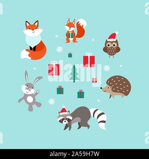 Jeu de Noël cute cartoon animaux forestiers. Caractères de Nice avec présente et la neige. Télévision vector illustration. Illustration de Vecteur