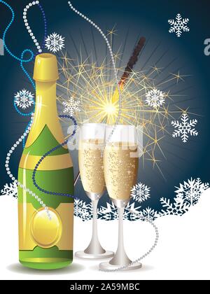 Bouteille de champagne, deux verres et sparkler sur fond bleu avec des flocons de neige. Illustration de Vecteur
