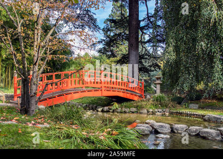 Pont en bois japonais dans le Parc Albert Kahn - Boulogne-Billancourt, France Banque D'Images