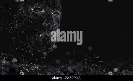 Visage humain composé de lignes et points lumineux. 3D illustration sur fond noir Banque D'Images
