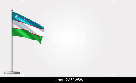 L'Ouzbékistan Waving Flag 3D illustration sur mât. Parfait pour arrière-plan avec l'espace sur le côté droit. Banque D'Images