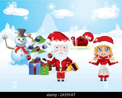 Cute cartoon Santa et Mme Noël Noël rouge en costumes. Illustration de Vecteur