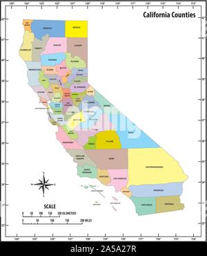 Aperçu de l'état de Californie et administratives politique tracer en couleur Illustration de Vecteur