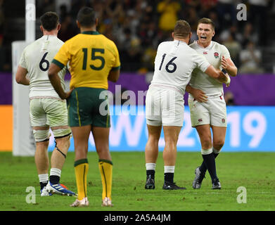 L'Angleterre Owen Farrell célèbre à le coup de sifflet final après la Coupe du Monde de Rugby 2019 Quart de finale victoire 40-16 contre l'Australie à Oita Stadium, Oita, Japon. Banque D'Images